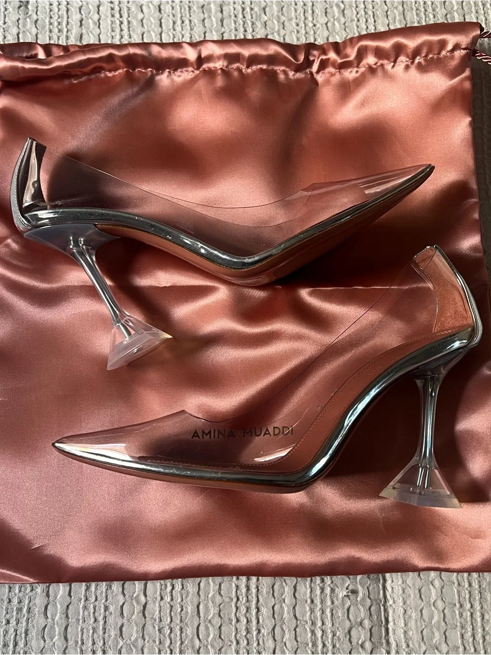 Amina Muaddi Clear PVC Pointed Toe heel with Rust Insole